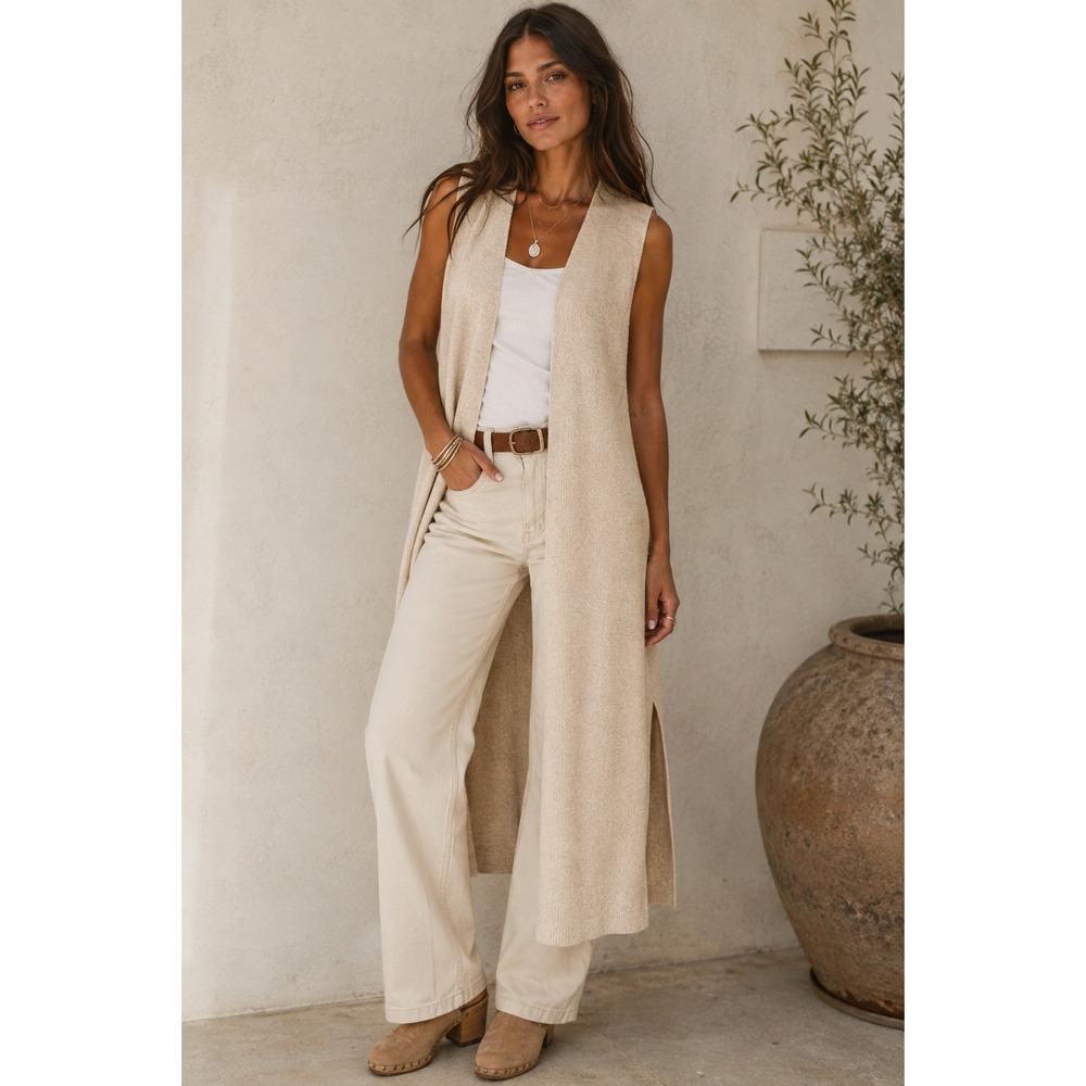 London Kaye Long Knit Duster Vest S Cream Beige Open Front Maxi Cardigan